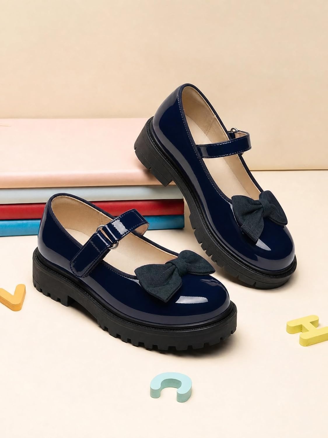 image:imageCoutgo Girls Mary Jane Dress Shoes Bow Closed Toe Chunky Heel Flats Platform Loafers School Uniform ShoesNavy
