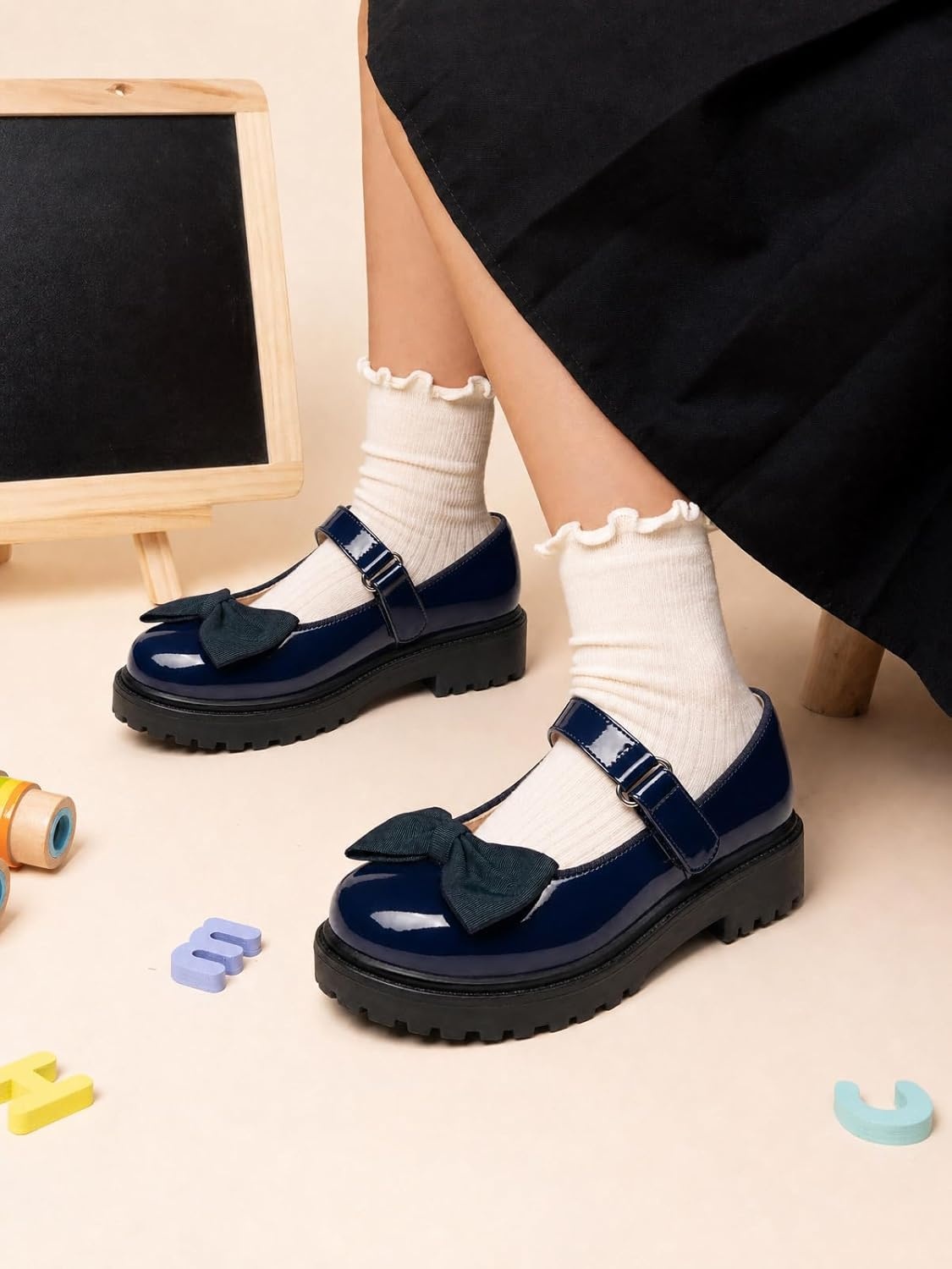 image:imageCoutgo Girls Mary Jane Dress Shoes Bow Closed Toe Chunky Heel Flats Platform Loafers School Uniform ShoesNavy