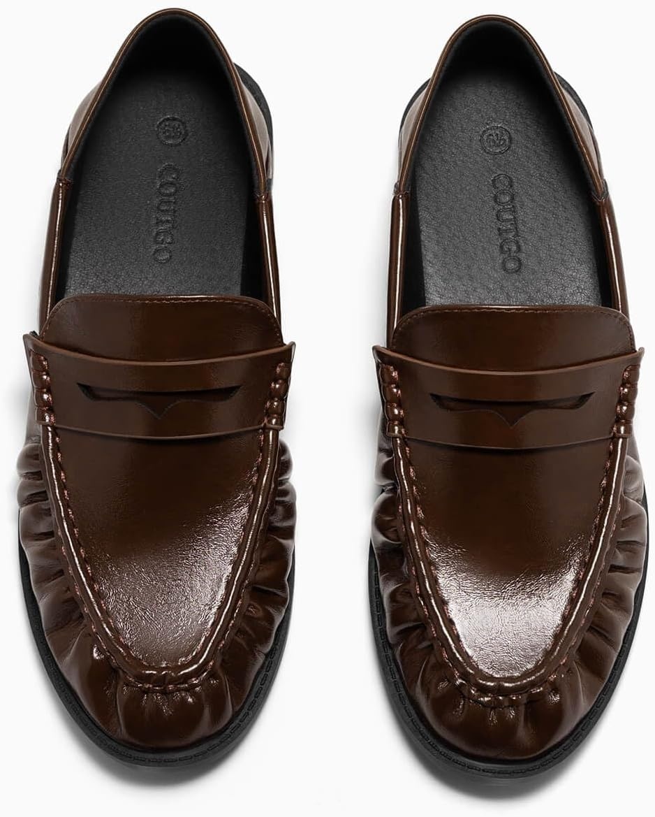image:imageCoutgo Penny Loafers for Women Comfortable Slip on Shoes Collapsible Heel Closed Toe Dressy Casual Work Flats Dark Brown Size 10