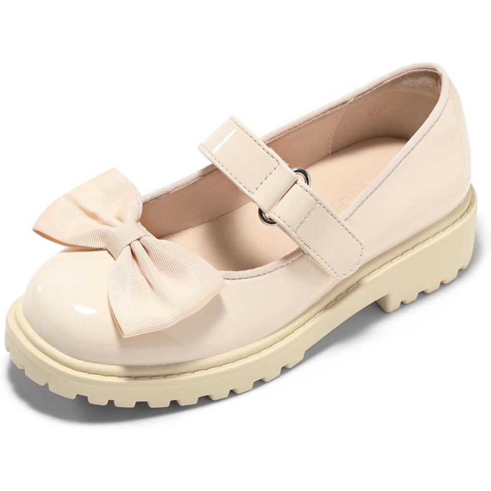 image:imageCoutgo Girls Mary Jane Dress Shoes Bow Closed Toe Chunky Heel Flats Platform Loafers School Uniform ShoesBeige