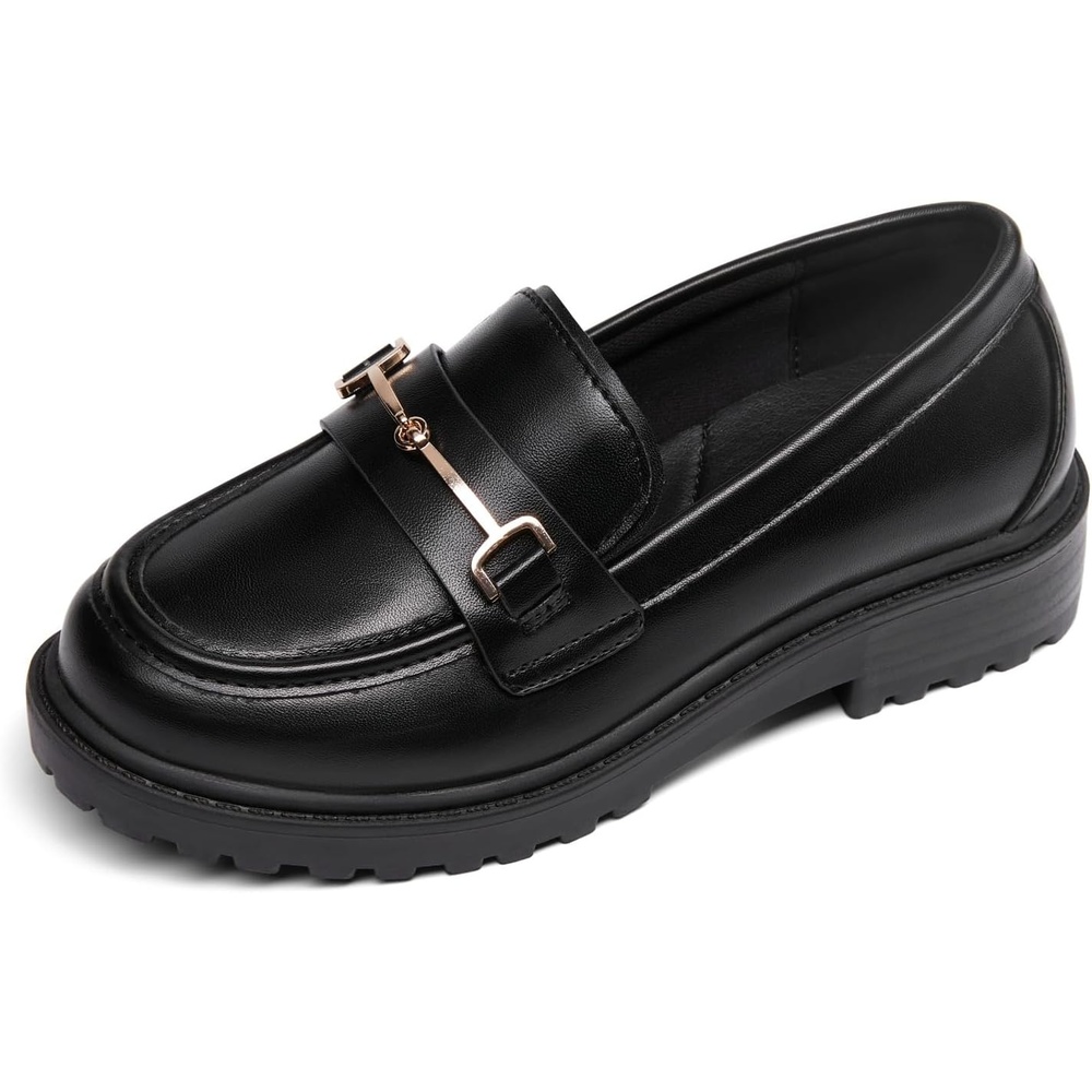 image:imageCoutgo Girls Platform Loafers Slip On Chain Chunky Heel Leather Flats Round Toe School Uniform Dress ShoesCool Black