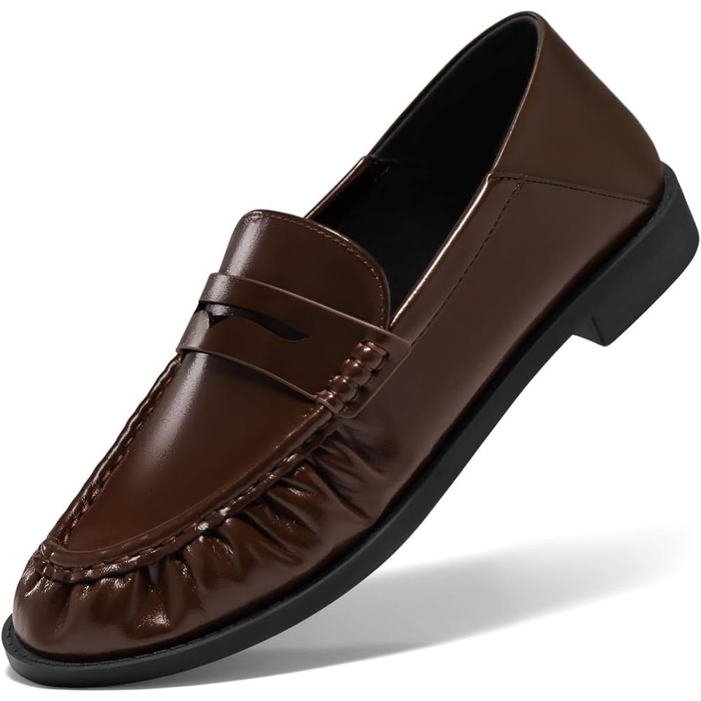 image:imageCoutgo Penny Loafers for Women Comfortable Slip on Shoes Collapsible Heel Closed Toe Dressy Casual Work Flats Dark Brown Size 6