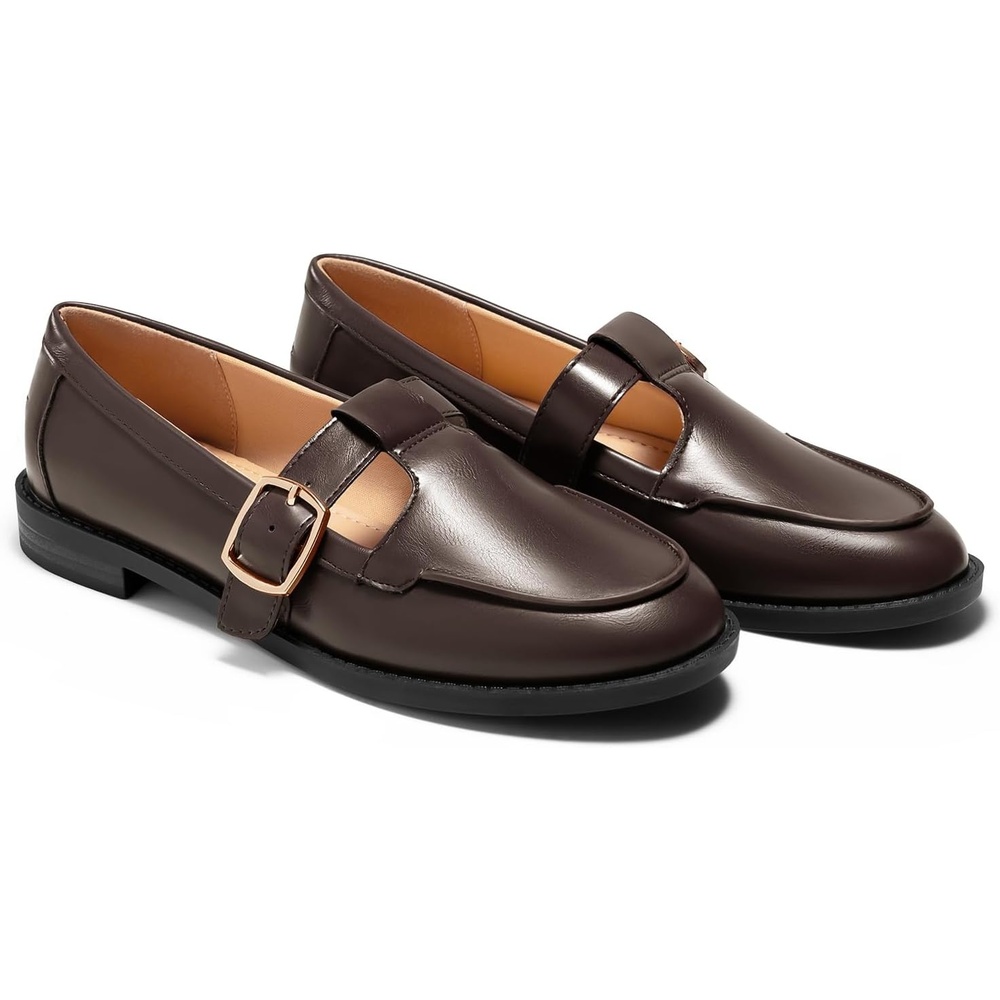 image:imageCoutgo Womens Slip On Loafers TStrap Closed Round Toe Flats Comfortable Work Business Dress ShoesChocolate Brown