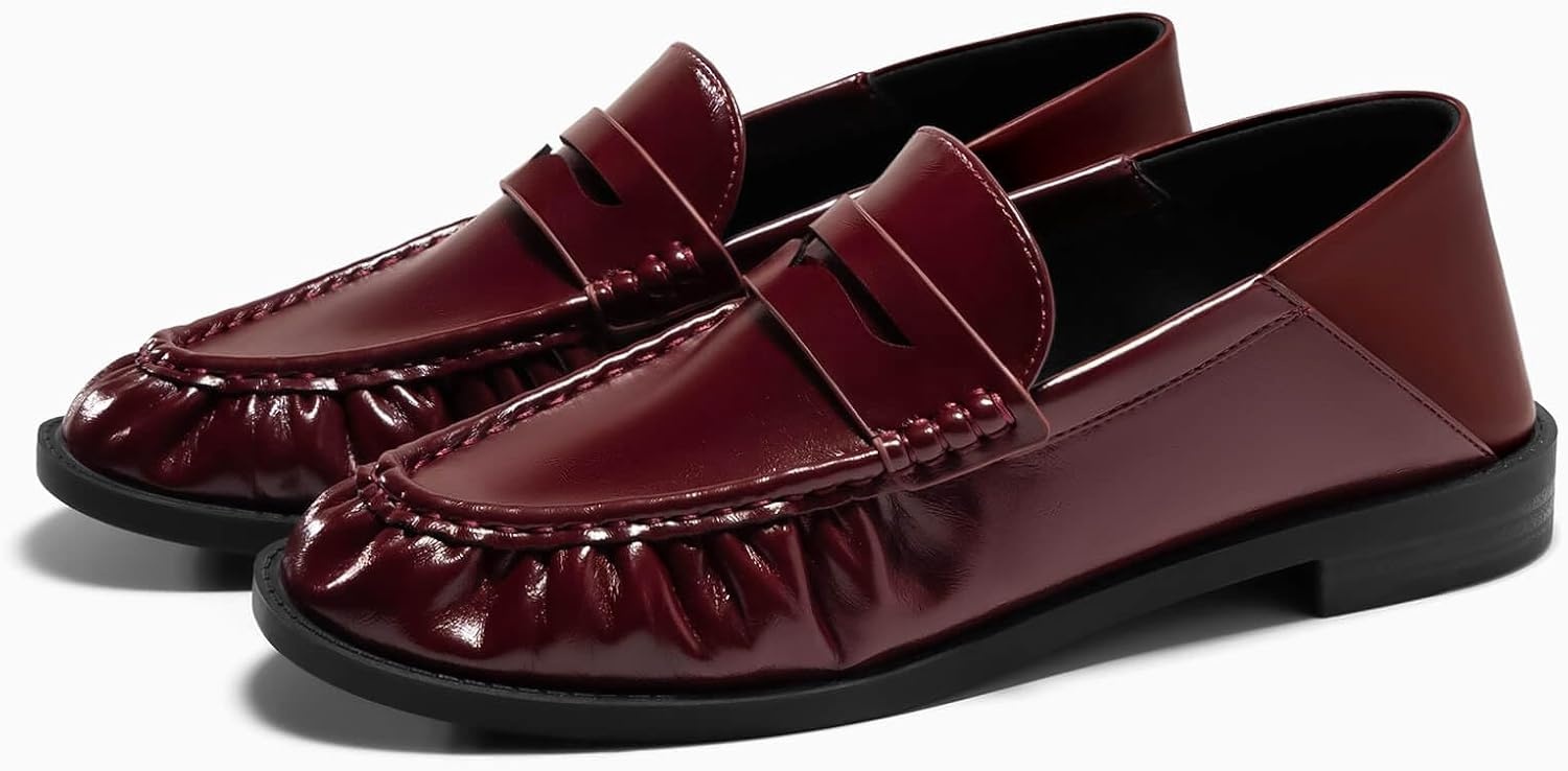 image:imageCoutgo Penny Loafers for Women Comfortable Slip on Shoes Collapsible Heel Closed Toe Dressy Casual Work Flats Burgundy Size 7