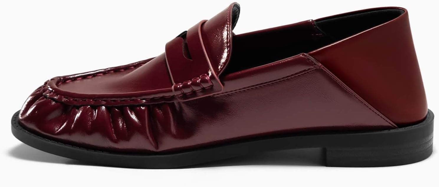 image:imageCoutgo Penny Loafers for Women Comfortable Slip on Shoes Collapsible Heel Closed Toe Dressy Casual Work Flats Burgundy Size 7