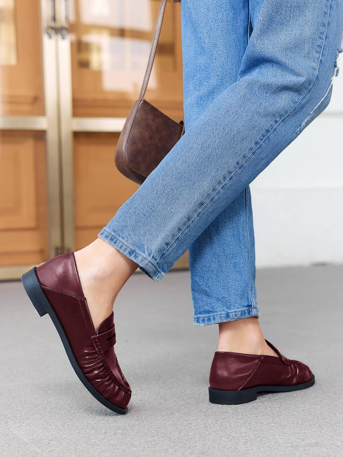 image:imageCoutgo Penny Loafers for Women Comfortable Slip on Shoes Collapsible Heel Closed Toe Dressy Casual Work Flats Burgundy Size 7