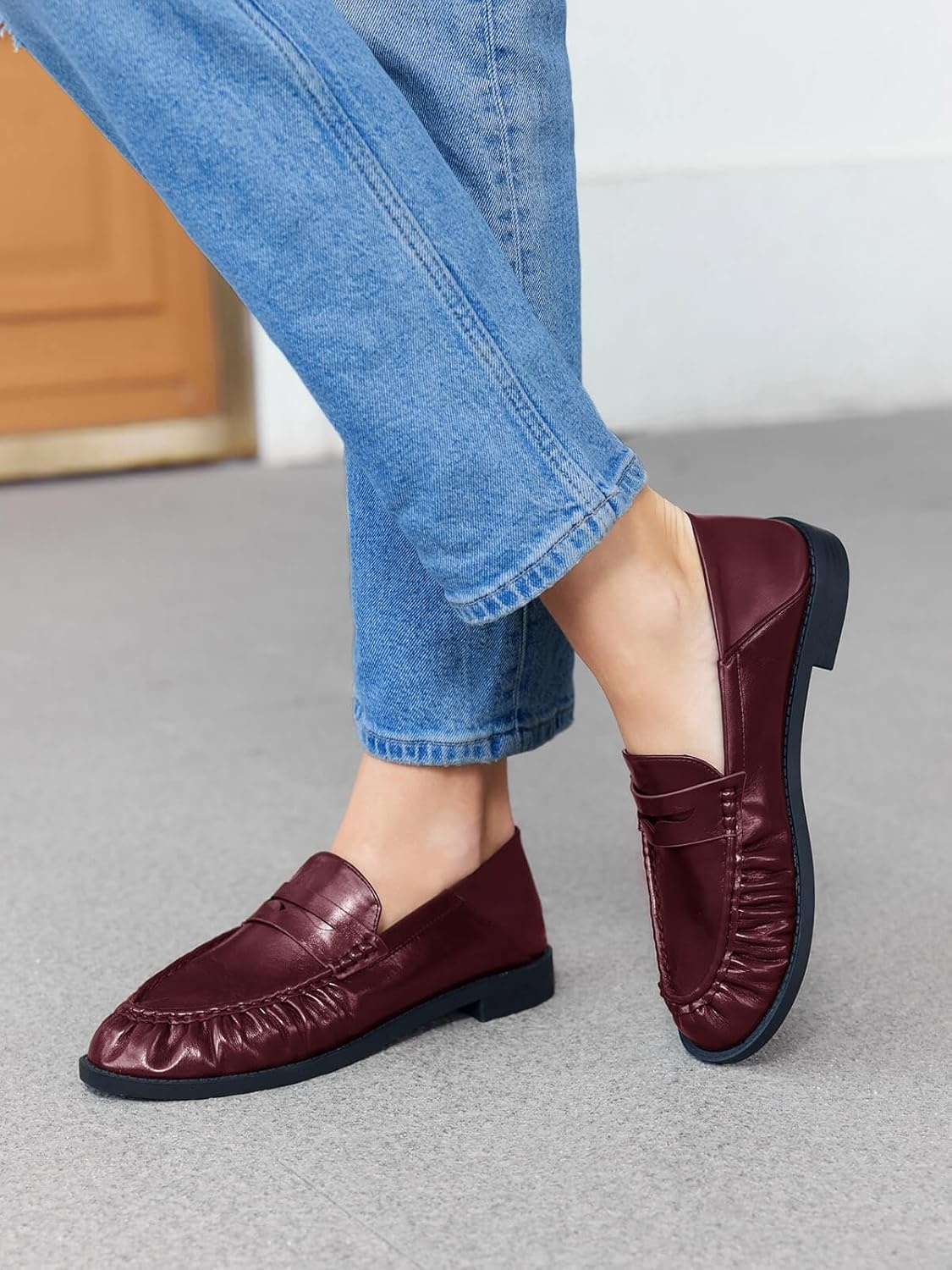 image:imageCoutgo Penny Loafers for Women Comfortable Slip on Shoes Collapsible Heel Closed Toe Dressy Casual Work Flats Burgundy Size 9