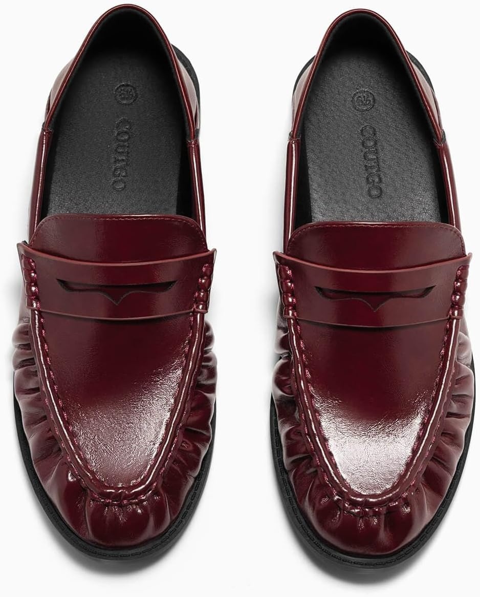 image:imageCoutgo Penny Loafers for Women Comfortable Slip on Shoes Collapsible Heel Closed Toe Dressy Casual Work Flats Burgundy Size 9