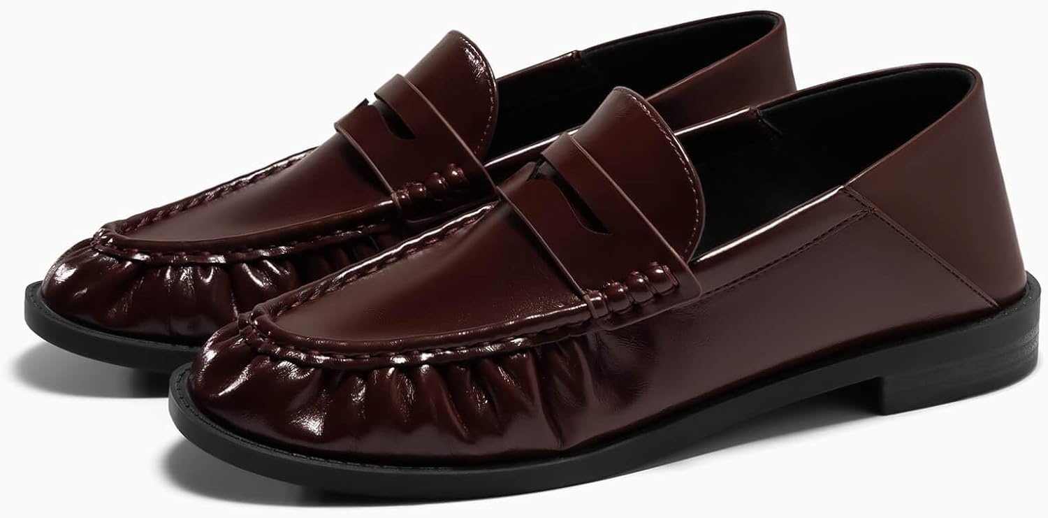 image:imageCoutgo Penny Loafers for Women Comfortable Slip on Shoes Collapsible Heel Closed Toe Dressy Casual Work Flats Chocolate Size 85