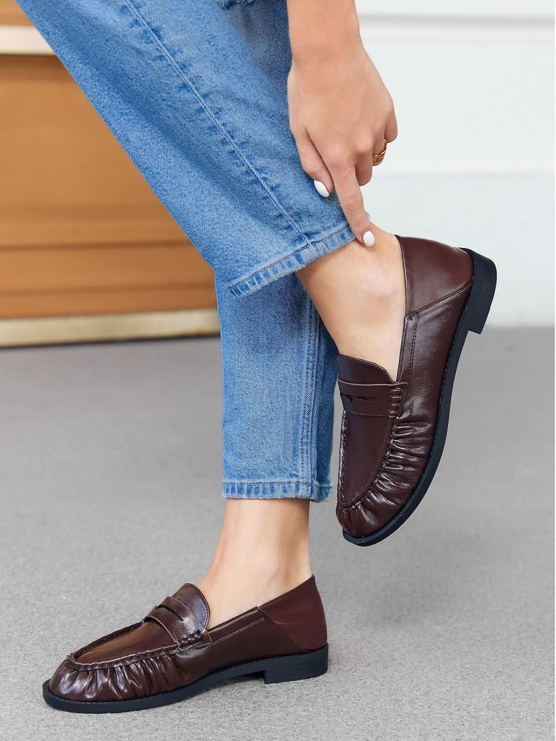 image:imageCoutgo Penny Loafers for Women Comfortable Slip on Shoes Collapsible Heel Closed Toe Dressy Casual Work Flats Chocolate Size 85