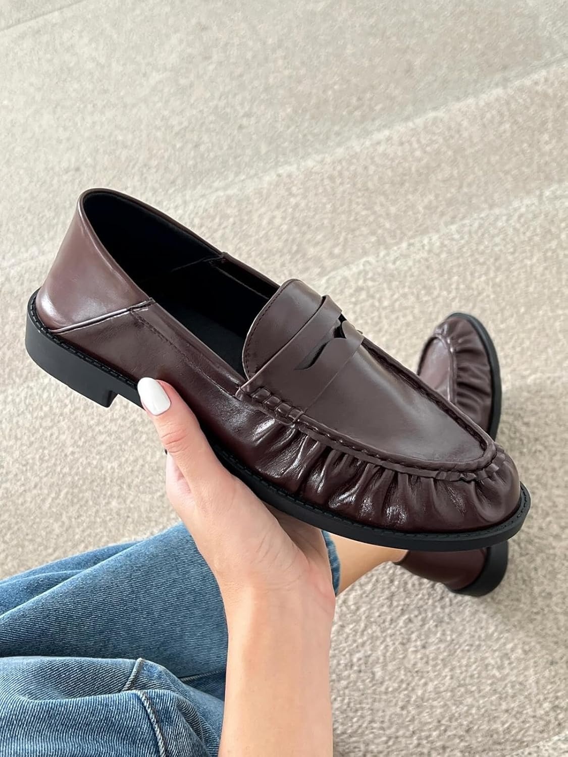 image:imageCoutgo Penny Loafers for Women Comfortable Slip on Shoes Collapsible Heel Closed Toe Dressy Casual Work Flats Chocolate Size 85