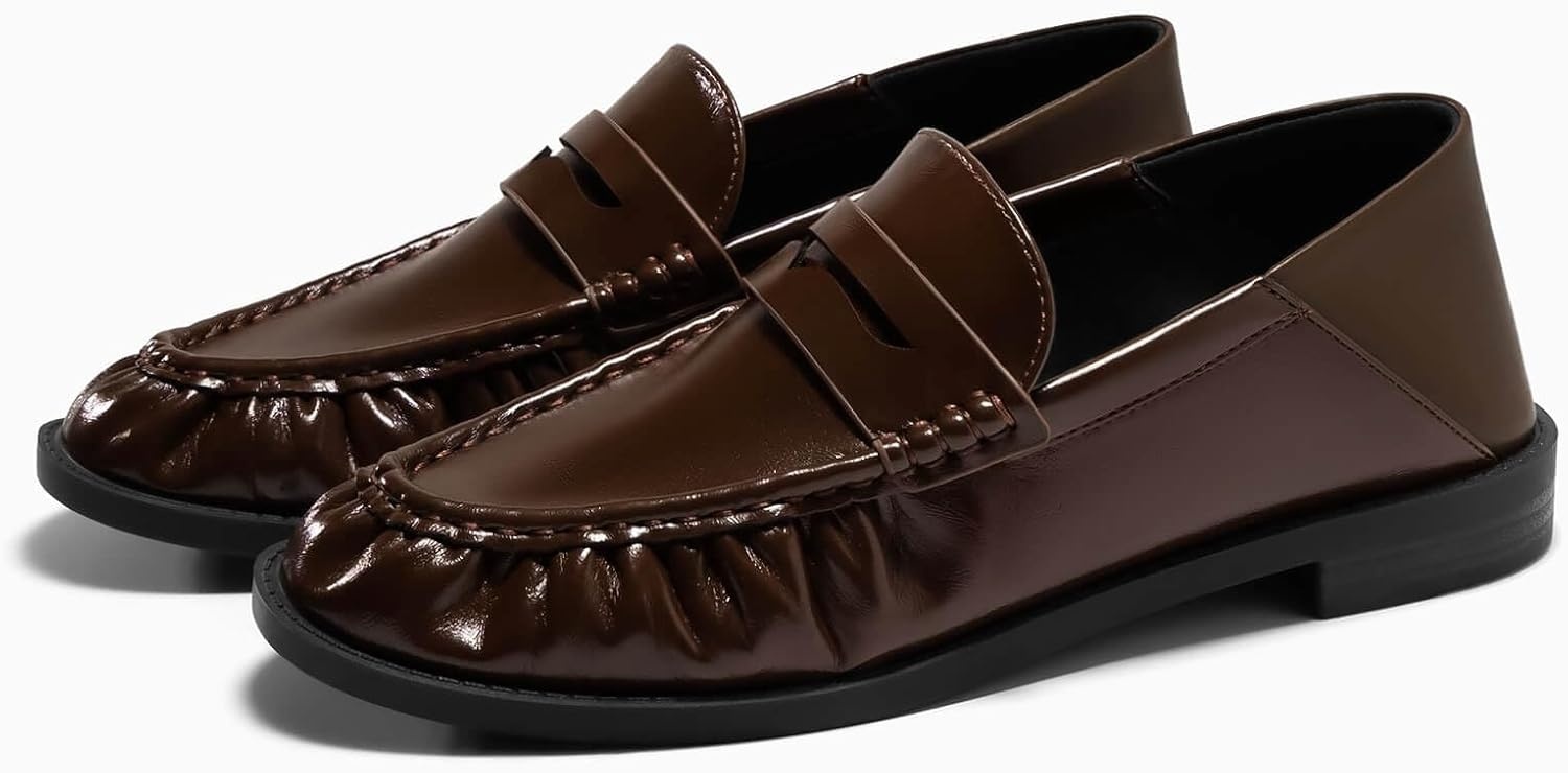 image:imageCoutgo Penny Loafers for Women Comfortable Slip on Shoes Collapsible Heel Closed Toe Dressy Casual Work Flats Dark Brown Size 75
