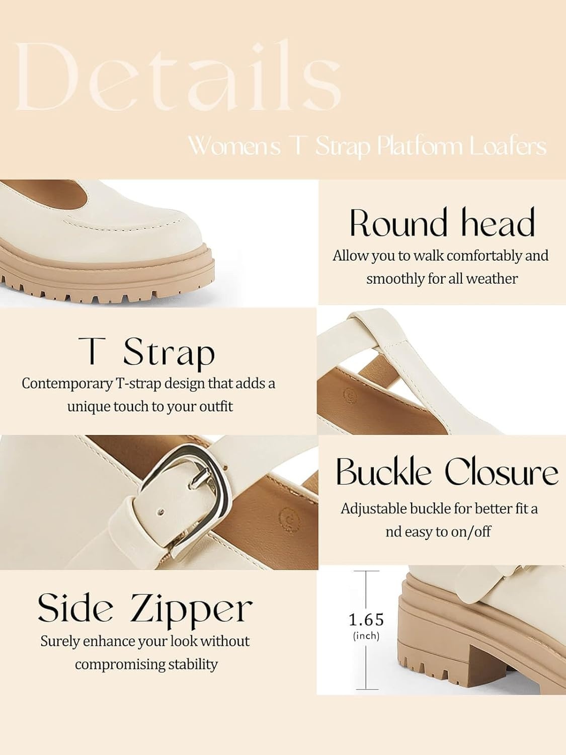 image:imageCoutgo Womens Platform Loafers T Strap Chunky Low Heel Buckle Strap Mary Jane Comfortable Casual Office Shoes