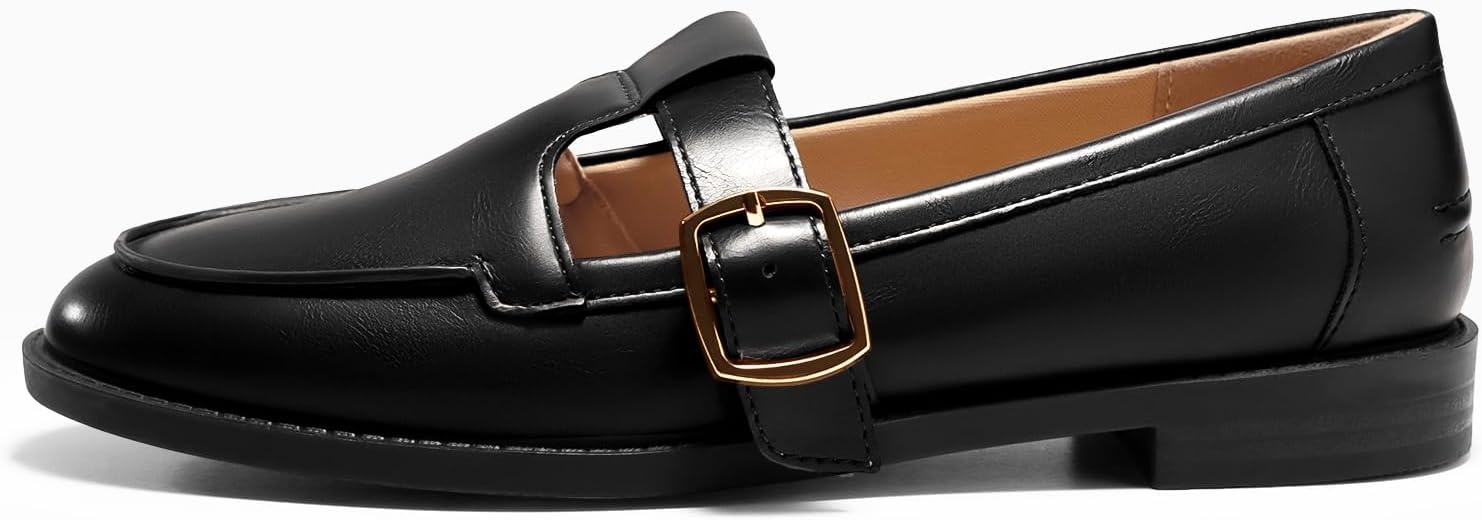 image:imageCoutgo Womens Slip On Loafers TStrap Closed Round Toe Flats Comfortable Work Business Dress Shoes Black Size 6