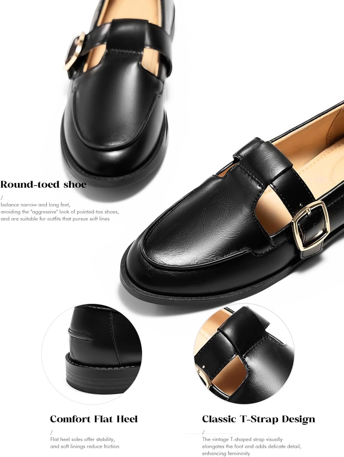 image:imageCoutgo Womens Slip On Loafers TStrap Closed Round Toe Flats Comfortable Work Business Dress Shoes Black Size 6