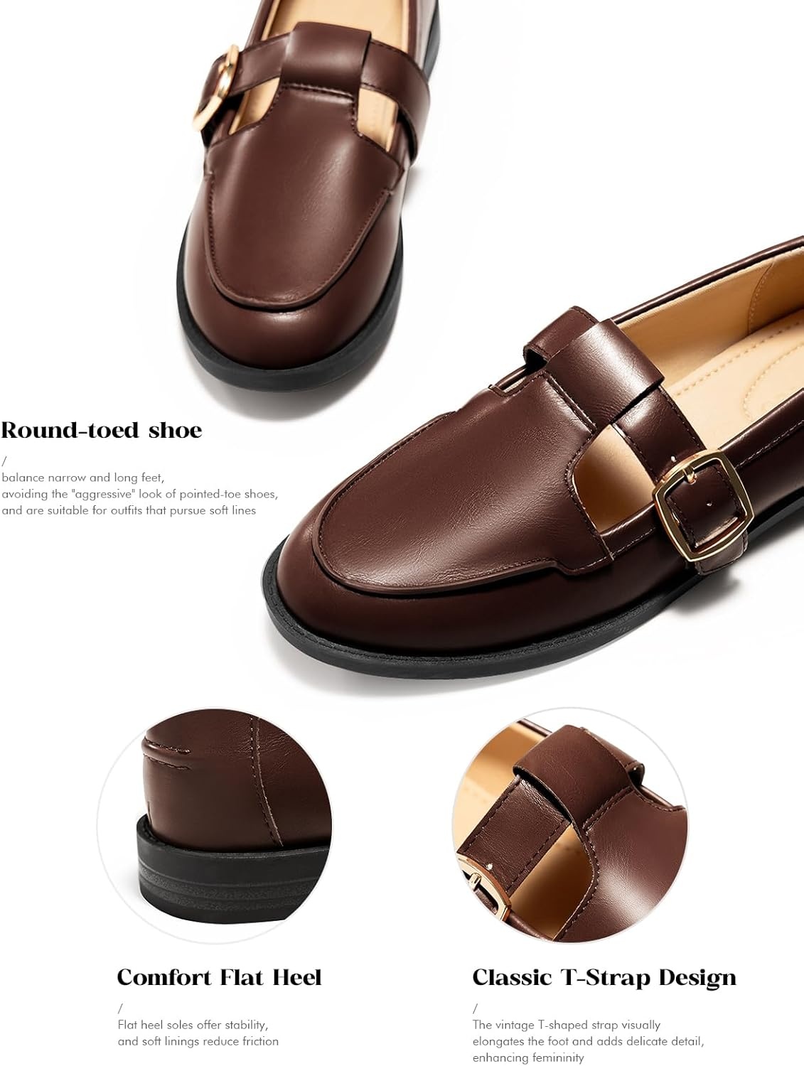 image:imageCoutgo Womens Slip On Loafers TStrap Closed Round Toe Flats Comfortable Work Business Dress Shoes Dark Brown Size 9