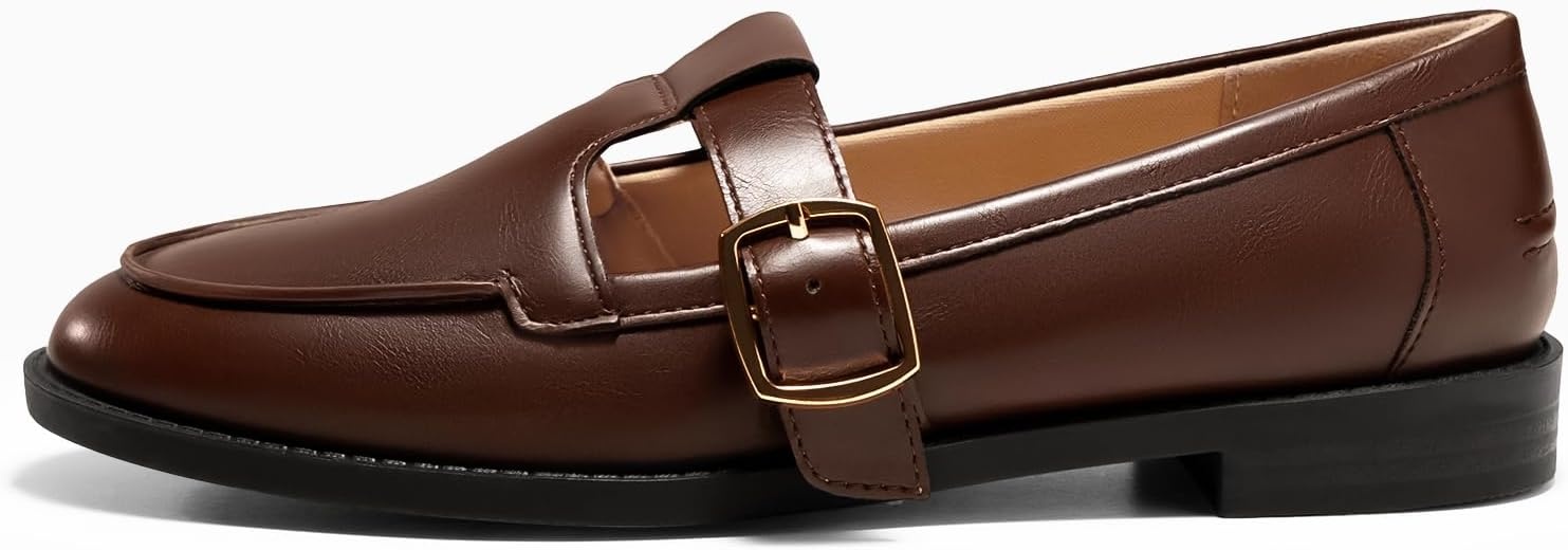 image:imageCoutgo Womens Slip On Loafers TStrap Closed Round Toe Flats Comfortable Work Business Dress Shoes Dark Brown Size 9