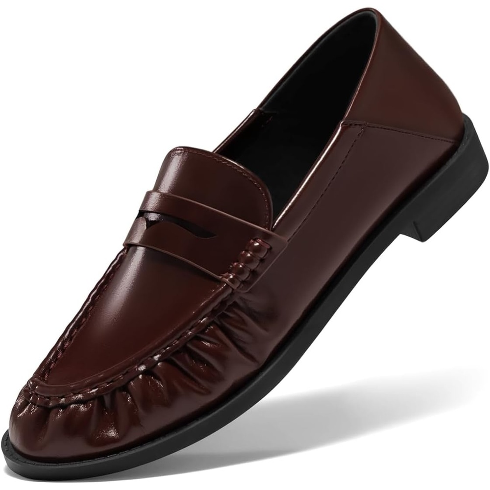 image:imageCoutgo Penny Loafers for Women Comfortable Slip on Shoes Collapsible Heel Closed Toe Dressy Casual Work Flats Chocolate Size 85